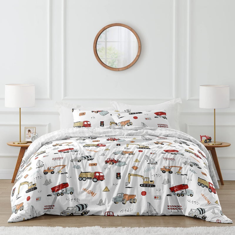 Sweet Jojo Designs Sweet Jojo Designs Construction Truck Boy FullQueen Size Kid Childrens Bedding Comforter Set  3 Pieces  Grey Yellow Orange Red and Blue Transportation Chevron Arrow 
