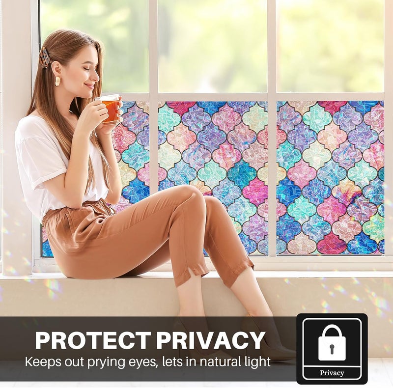 FEOMOS Stained Glass Window Film, Window Privacy Film Rainbow Decorative with No-Glue, Static Cling Window Tint Window Glass Covering Sticker for Home Decor & UV Heat Blocking, 17.3 x 118 Inches - Image 2