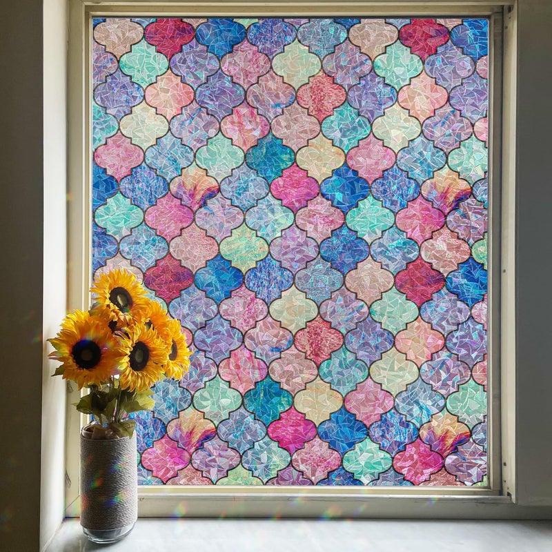 FEOMOS Stained Glass Window Film, Window Privacy Film Rainbow Decorative with No-Glue, Static Cling Window Tint Window Glass Covering Sticker for Home Decor & UV Heat Blocking, 17.3 x 118 Inches - Image 1