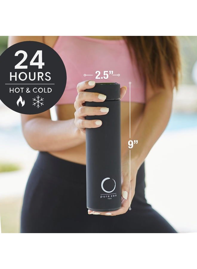 Pure Zen Tea Thermos with Infuser for Tea, Coffee and Fruit-Infused Water - Stainless Steel - Tea Infuser Bottle - Tea Tumbler with Infuser - Leakproof Tea Bottle - Travel Tea Mug - 15oz - Black - Image 4