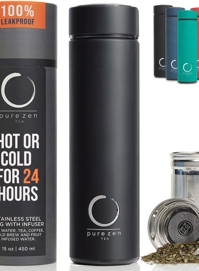 Pure Zen Tea Thermos with Infuser for Tea, Coffee and Fruit-Infused Water - Stainless Steel - Tea Infuser Bottle - Tea Tumbler with Infuser - Leakproof Tea Bottle - Travel Tea Mug - 15oz - Black - Image 1