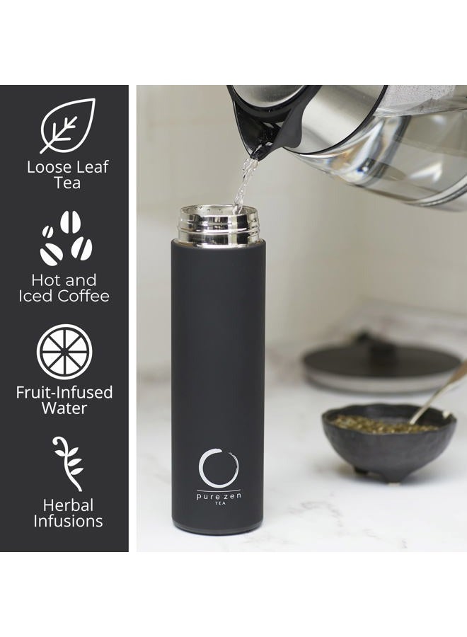Pure Zen Tea Thermos with Infuser for Tea, Coffee and Fruit-Infused Water - Stainless Steel - Tea Infuser Bottle - Tea Tumbler with Infuser - Leakproof Tea Bottle - Travel Tea Mug - 15oz - Black - Image 5
