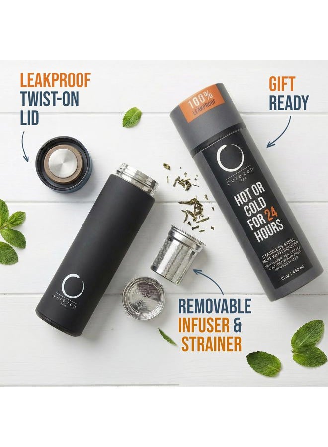 Pure Zen Tea Thermos with Infuser for Tea, Coffee and Fruit-Infused Water - Stainless Steel - Tea Infuser Bottle - Tea Tumbler with Infuser - Leakproof Tea Bottle - Travel Tea Mug - 15oz - Black - Image 3