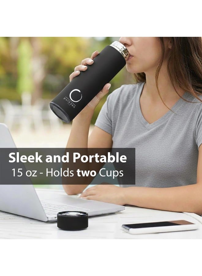 Pure Zen Tea Thermos with Infuser for Tea, Coffee and Fruit-Infused Water - Stainless Steel - Tea Infuser Bottle - Tea Tumbler with Infuser - Leakproof Tea Bottle - Travel Tea Mug - 15oz - Black - Image 2