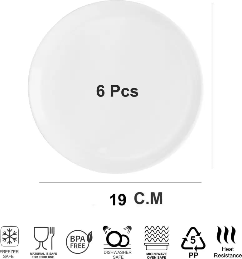 AWICKTIK Unbreakable 19 CM Light Weighted Round Half Size DinnerLunch Plastic Quarter Plates Set of 6 Pcs White - Image 5