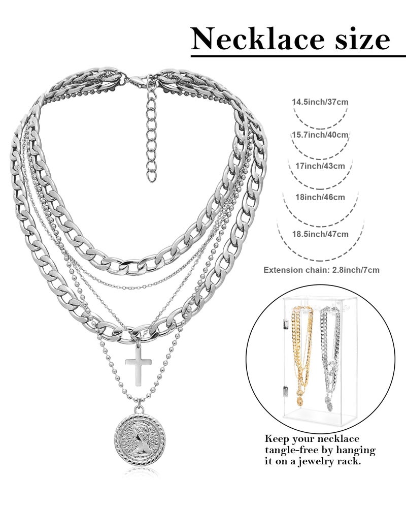 MJartoria Gold Layered Necklaces for Women Trendy Retro Coin Pendant Necklace Dainty Chunky Chain Choker Necklaces for Jewelry Birthday Gifts (Silver, A-Y-Retro Coin-Cross-5 in 1 Layered) - Image 5