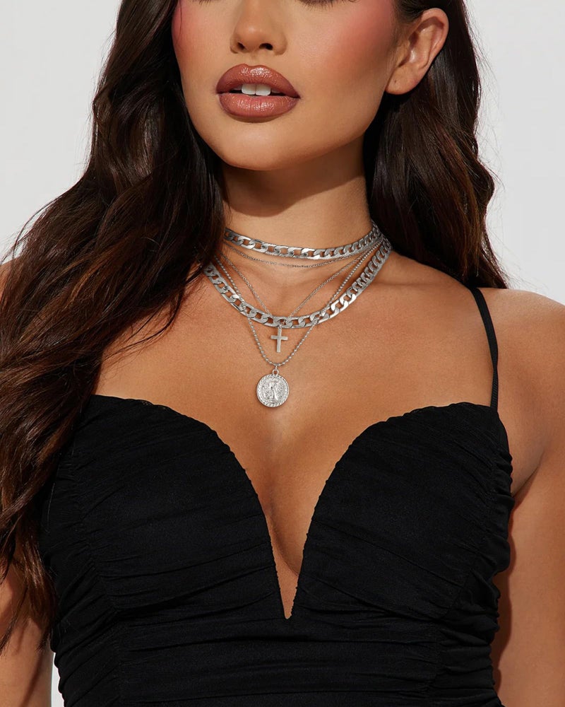 MJartoria Gold Layered Necklaces for Women Trendy Retro Coin Pendant Necklace Dainty Chunky Chain Choker Necklaces for Jewelry Birthday Gifts (Silver, A-Y-Retro Coin-Cross-5 in 1 Layered) - Image 4
