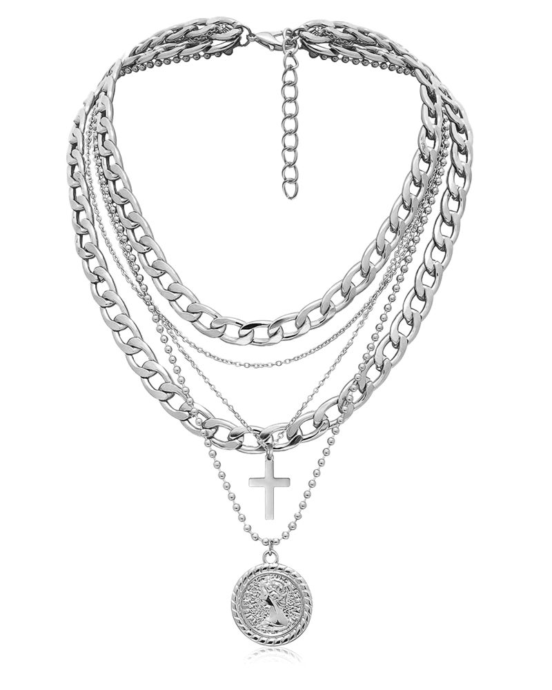 MJartoria Gold Layered Necklaces for Women Trendy Retro Coin Pendant Necklace Dainty Chunky Chain Choker Necklaces for Jewelry Birthday Gifts (Silver, A-Y-Retro Coin-Cross-5 in 1 Layered) - Image 1