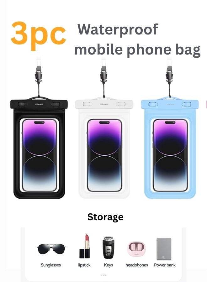 Usams 3pcs Waterproof Case for Mobile, Touchscreen Functionality, Waterproof Pouch, Cellphone Dry Bag, Waterproof Cell Phone Case, Drift Diving Swimming Waterproof Bag, for all Smart Cellphones upto 7” - Image 1
