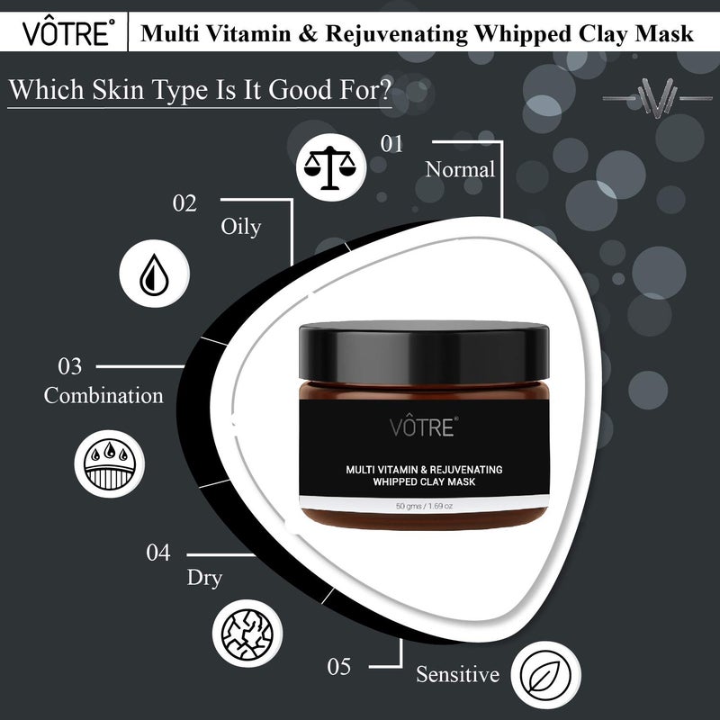 Votre VOTRE Natural Vegan Multi Vitamin and Rejuvenating Whipped Clay Mask for Pore Cleansing Skin Lightening Enhances Skin Complexion No Paraben Sulfates 50 Gm - Image 3