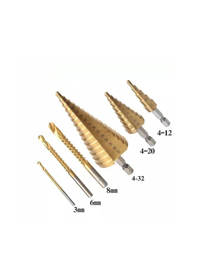 CHT 6pcs HSS Steel Step Drill Bit Set - 4-12/20/32mm Metal Hole Cutter Wood Cone Core Drilling Hole Saw Tool + 3, 6, 8 Saw Drill - Image 2