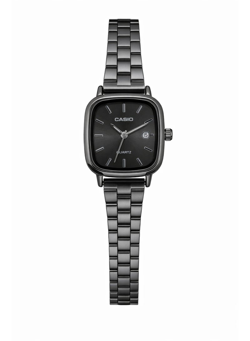 ساعة كاسيو الأنيقة المربعة المصنوعة من الفولاذ المقاوم للصدأ بلون رمادي داكن، تعمل بحركة كوارتز