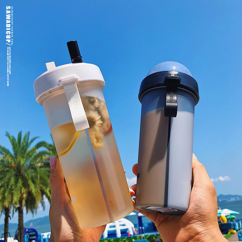 Internet Popular Double Drinking Cup Korean Creative Couple Shared Double Straw Plastic Portable Drop-Resistant Thickened Portable Casual Cup - Image 2