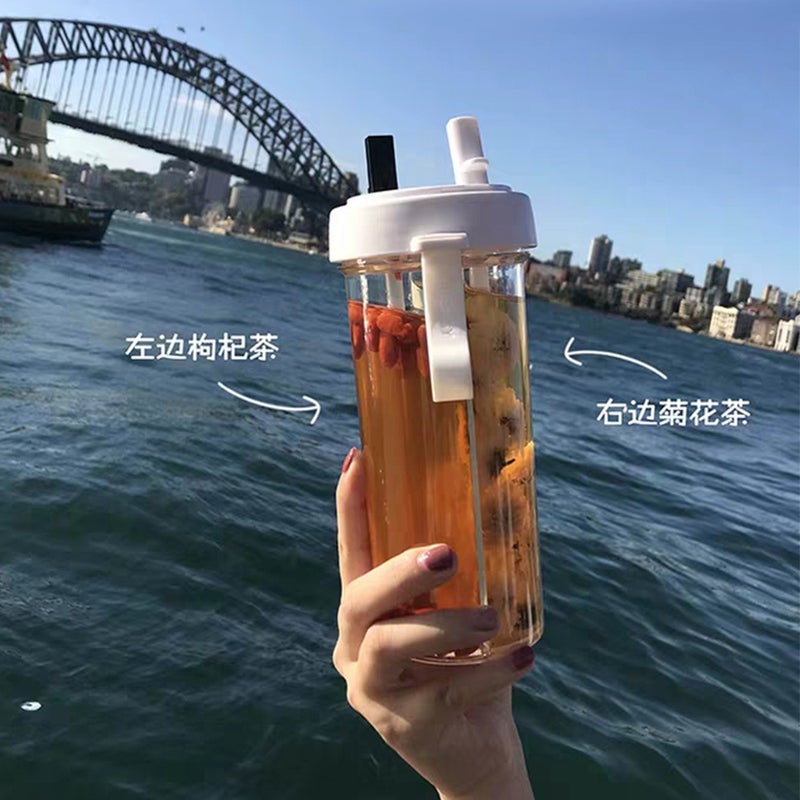 Internet Popular Double Drinking Cup Korean Creative Couple Shared Double Straw Plastic Portable Drop-Resistant Thickened Portable Casual Cup - Image 3