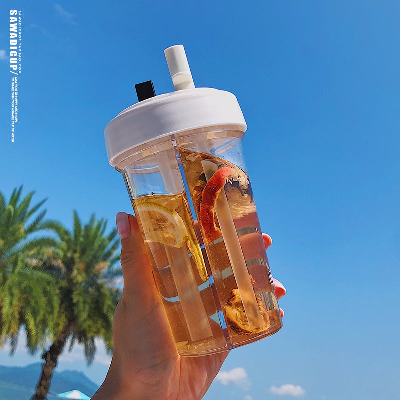 Internet Popular Double Drinking Cup Korean Creative Couple Shared Double Straw Plastic Portable Drop-Resistant Thickened Portable Casual Cup - Image 4