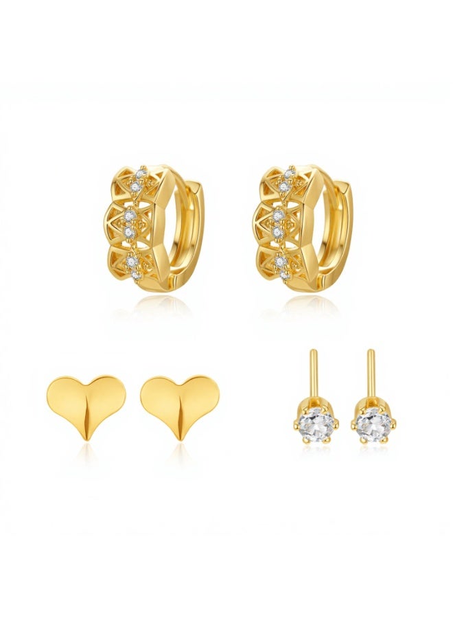 MTZ 3 Pairs Cubic Zirconia Stud Earrings Set for Women, Hypoallergenic Gold Plated Crystal Earrings, Dainty CZ Diamond Studs in Various Sizes, Sensitive Ear Friendly Jewelry Gift Box