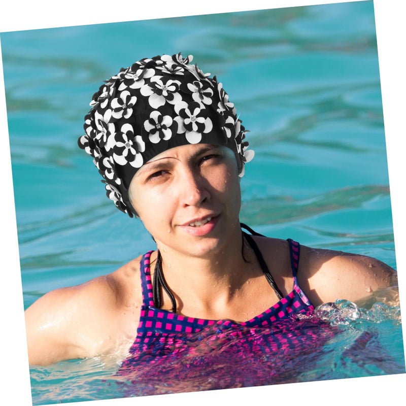 Cotton Nylon Floral Swim Cap for Women Elastic Hair Care Protective Reusable - Image 4