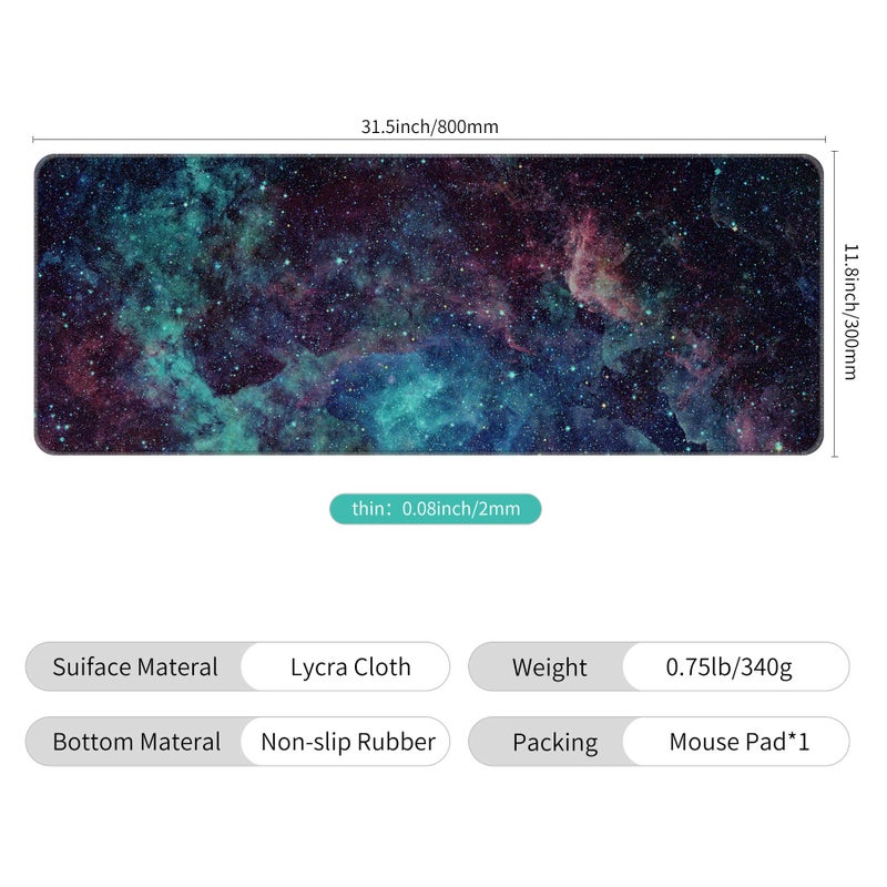 Dynippy Thin Extended Gaming Mouse Pad ï¼ˆ31.5 * 11.8 * 0.08 inchï¼‰ with Stitched Edges Large , Long XXL Keyboard and Mouse pad Desk Mat for Gaming Office & Home - Galaxy Space - Image 2