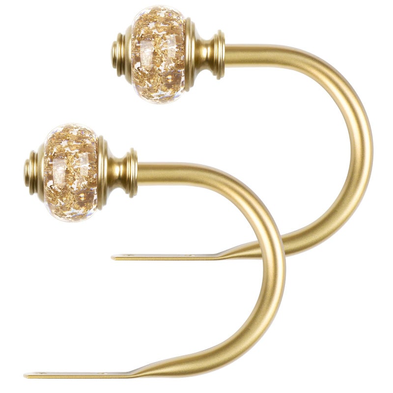 USFOOK 2 Pack Curtain Holdbacks, USFOOK Decorative Window Drapery Tiebacks (2 Pack/1 Pair), Curtain Tie Back Hooks for Wall with Gold Translucent Finials (3.95" L x 3.4" W) - Image 1