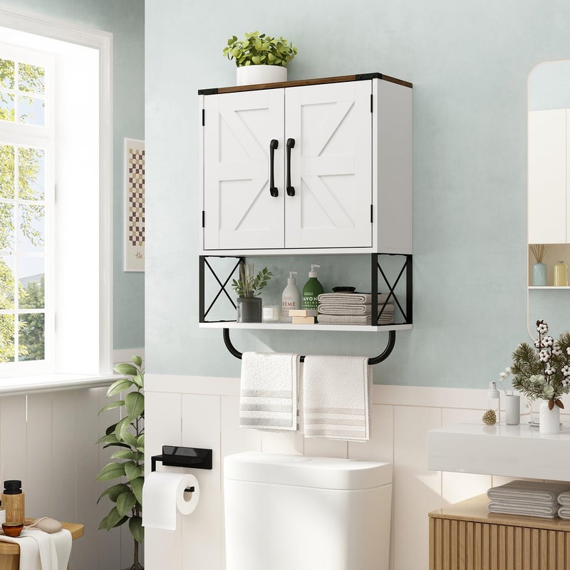 RUSTOWN Farmhouse Medicine Cabinet with 2 Barn Door, Boho Wood Wall Mounted Storage Cabinet with Adjustable Shelf and Towel Bar, 3-Tier Bathroom Cabinet for Bathroom (White and Walnut) - Image 3