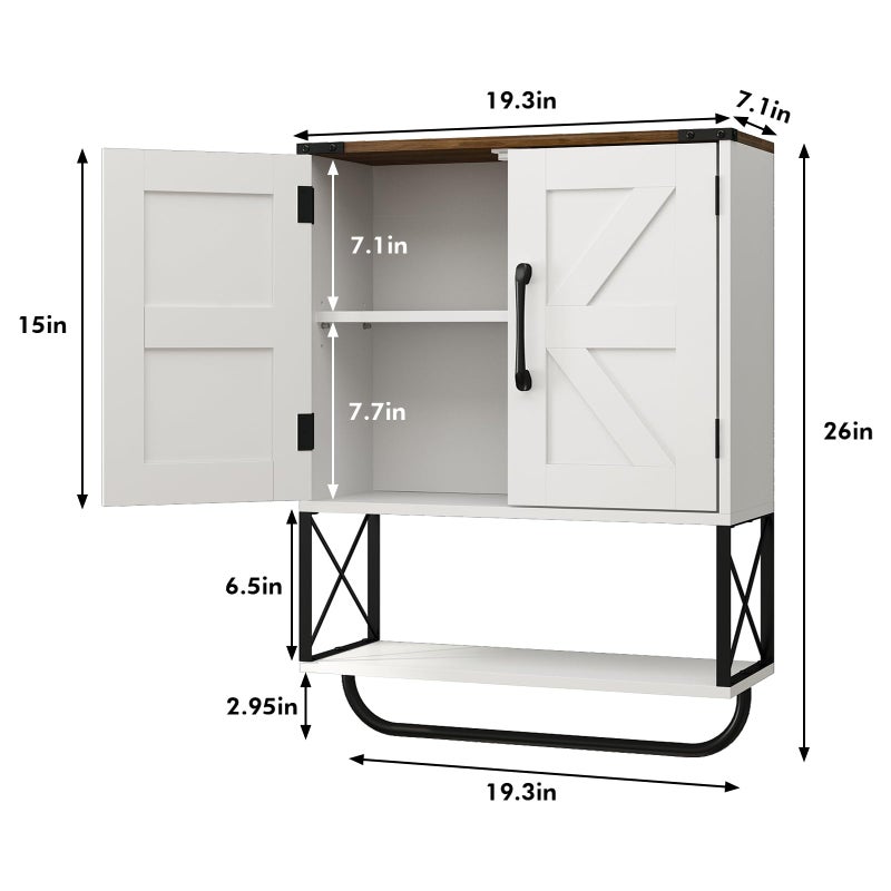 RUSTOWN Farmhouse Medicine Cabinet with 2 Barn Door, Boho Wood Wall Mounted Storage Cabinet with Adjustable Shelf and Towel Bar, 3-Tier Bathroom Cabinet for Bathroom (White and Walnut) - Image 4