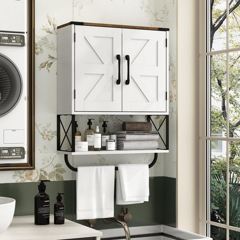 RUSTOWN Farmhouse Medicine Cabinet with 2 Barn Door, Boho Wood Wall Mounted Storage Cabinet with Adjustable Shelf and Towel Bar, 3-Tier Bathroom Cabinet for Bathroom (White and Walnut) - Image 2