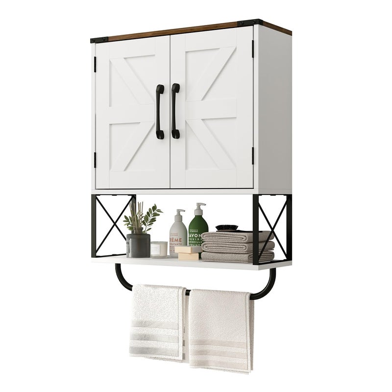 RUSTOWN Farmhouse Medicine Cabinet with 2 Barn Door, Boho Wood Wall Mounted Storage Cabinet with Adjustable Shelf and Towel Bar, 3-Tier Bathroom Cabinet for Bathroom (White and Walnut) - Image 1