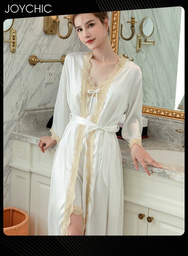 Joychic 2-piece New Style Ice Silk Mid-length Nightgown for Women Spring and Summer Autumn Lace V-neck Pajamas with Breast Pads Bedroom Home Wear White - Image 1