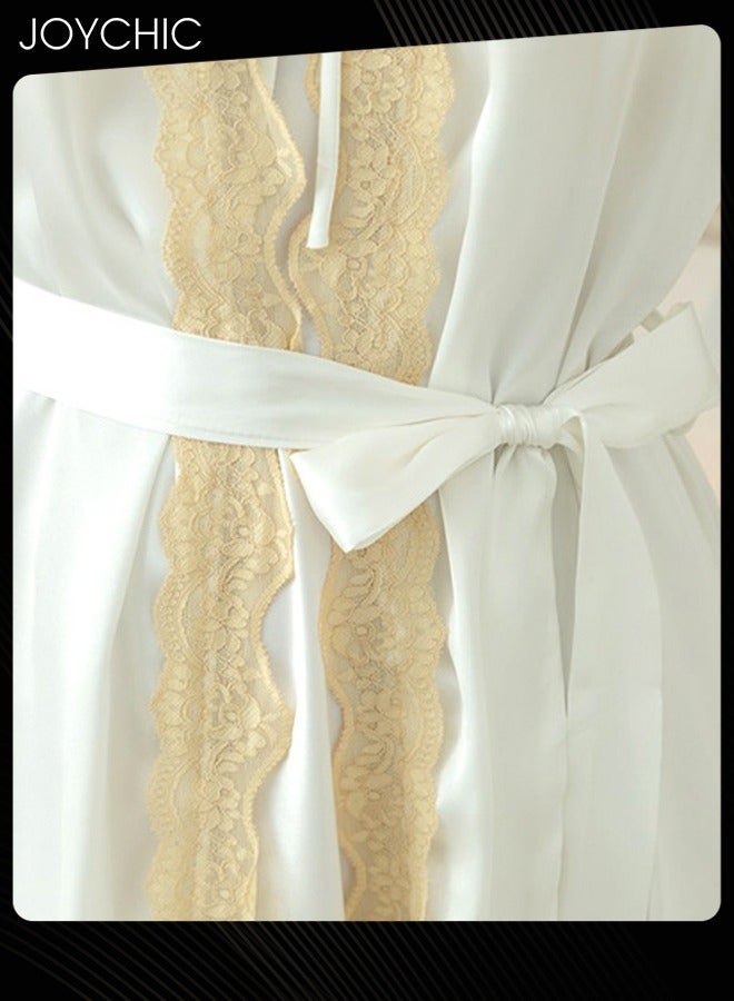 Joychic 2-piece New Style Ice Silk Mid-length Nightgown for Women Spring and Summer Autumn Lace V-neck Pajamas with Breast Pads Bedroom Home Wear White - Image 4