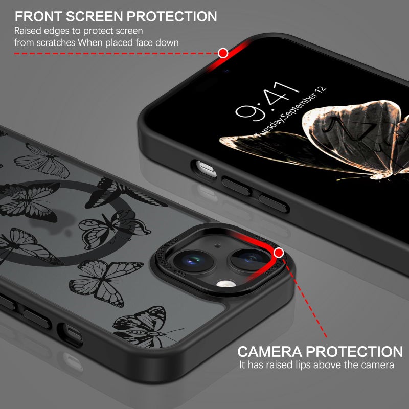 BENTOBEN for iPhone 15 Plus Case,Cute Butterfly Pattern iPhone 15 Plus Magnetic Cover [Compatible with MagSafe] Translucent Matte Slim Women Girl Protective Case 6.7", Black - Image 2