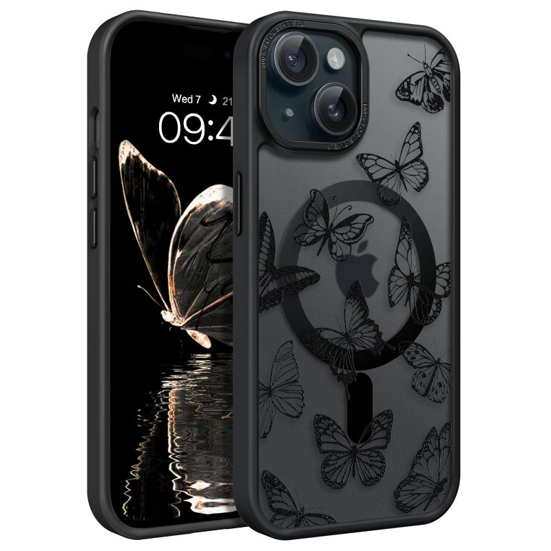 BENTOBEN for iPhone 15 Plus Case,Cute Butterfly Pattern iPhone 15 Plus Magnetic Cover [Compatible with MagSafe] Translucent Matte Slim Women Girl Protective Case 6.7", Black - Image 1