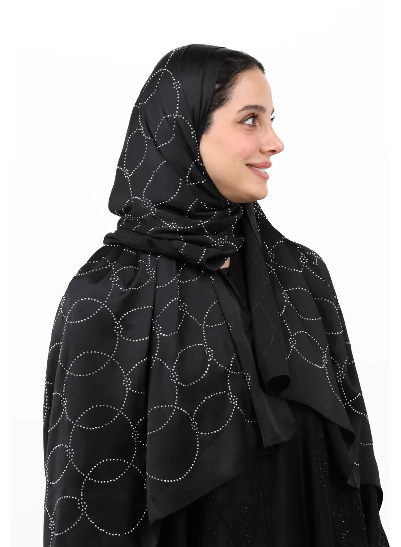 Jameela Luxury Muna Satin Embellished Scarf with Strass Detailing (Classic Jet Black)
