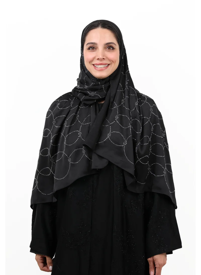 Jameela Luxury Muna Satin Embellished Scarf with Strass Detailing (Classic Jet Black)