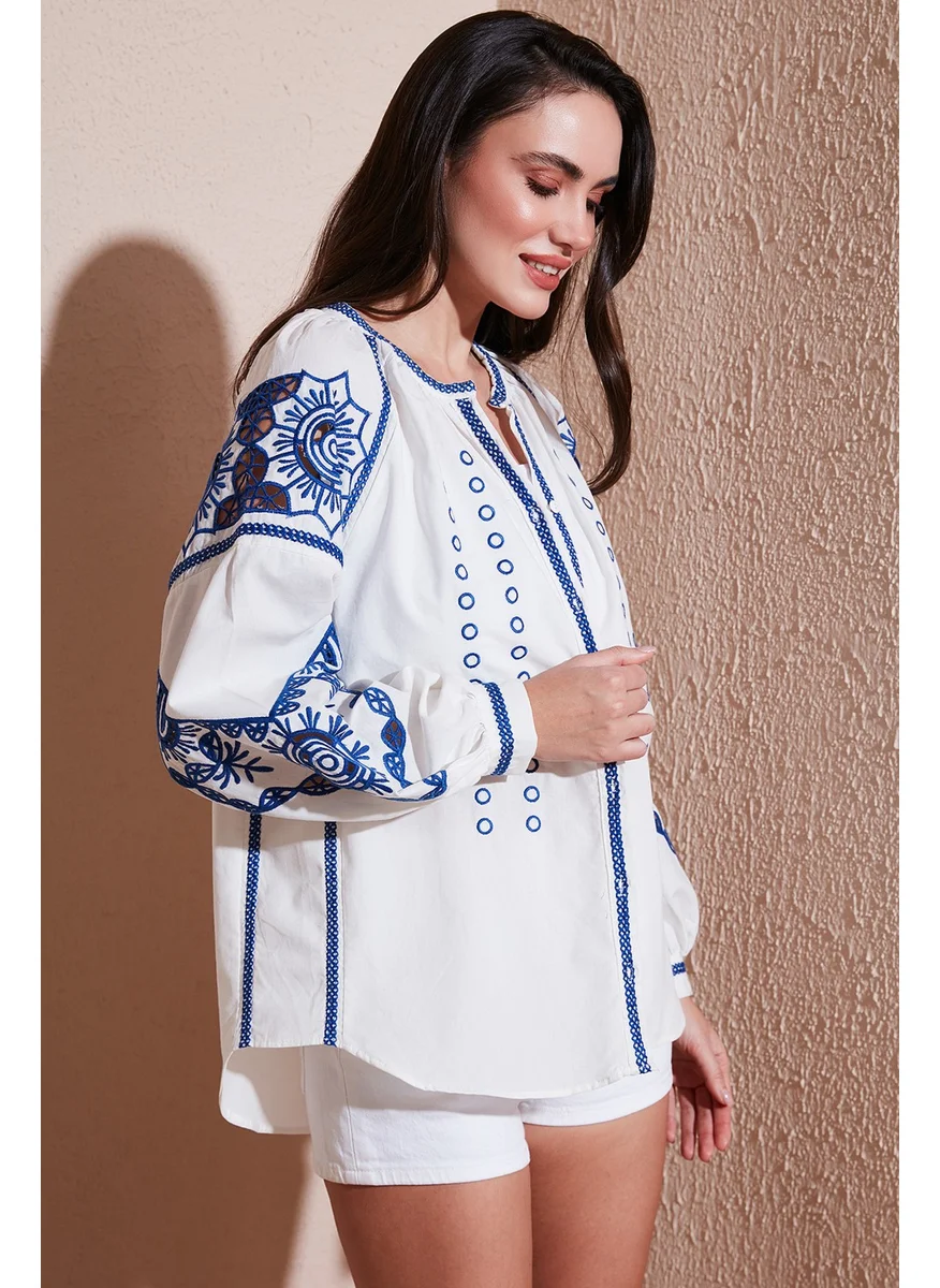 Lela Embroidered Oversize Fit Cotton V Neck Shirt Women's Shirt 676242