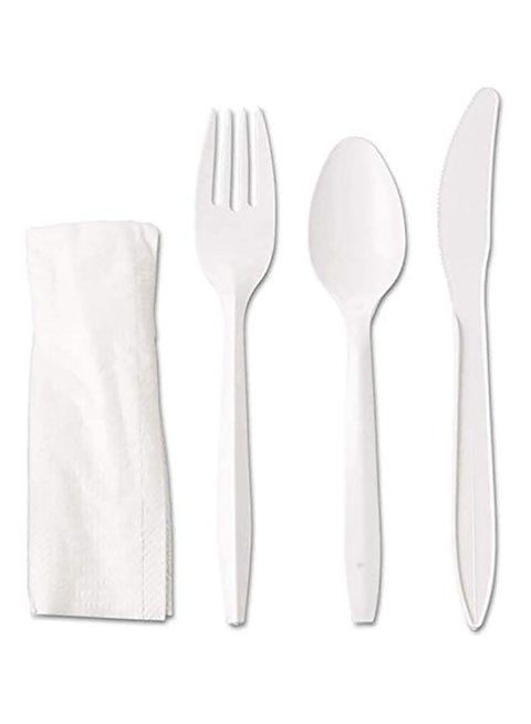 [50 Pack] White Plastic Cutlery Set with Napkin - Knife Fork Spoon Napkin Set -Disposable Cutlery Set