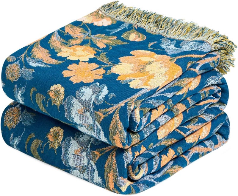 LUTBM Boho Throw Blanket for Bed Cotton Blankets Twin Size for Bedroom Living Room All Season Lightweight Floral Bird Embroidery Quilt for Couch Sofa Chair 60"x80" - Image 1