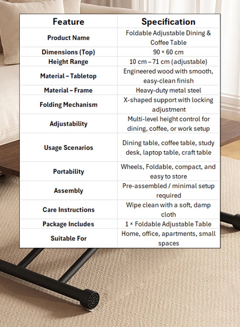 DBLEW Foldable Adjustable Dining Coffee Study Table 90×60 cm – Portable Wooden Laptop Desk with Metal Frame, Space-Saving Home Office Table - Image 2