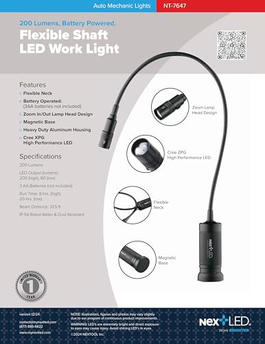 NextLED NT-7647 20-Inch Gooseneck Flashlight with Magnetic Base, Cree LED, Zoomable Lens, IP54 Rating Waterproof. Flexible LED Light, Work Bench, Auto Repair, Grill Light, Inspection - Image 2