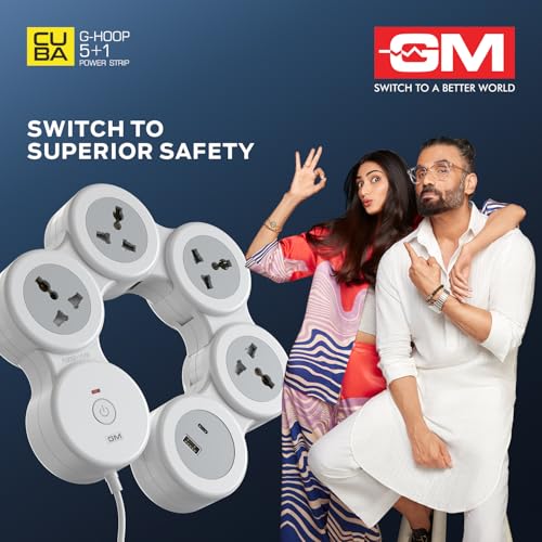 GM G-Hoop 5+1 Spike Guard | Extension Board with USB Type-A & Type-C Master Switch| LED Indicator|1.8 Meter Cord |Surge & Overcurrent Protection| 4 International Sockets| Perfect for Homes and Offices - Image 3