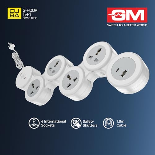 GM G-Hoop 5+1 Spike Guard | Extension Board with USB Type-A & Type-C Master Switch| LED Indicator|1.8 Meter Cord |Surge & Overcurrent Protection| 4 International Sockets| Perfect for Homes and Offices - Image 5