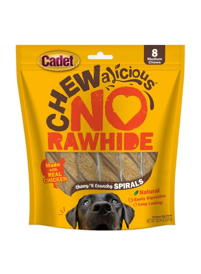 كاديت حلوى الكلاب Cadet Chewalicious Chewy 'N Crunchy Spiral، خالية من الجلود الخام، مكونات محدودة، تدوم طويلاً، مصنوعة من الدجاج الحقيقي، 8 قطع (عبوة من قطعة واحدة) - Image 1