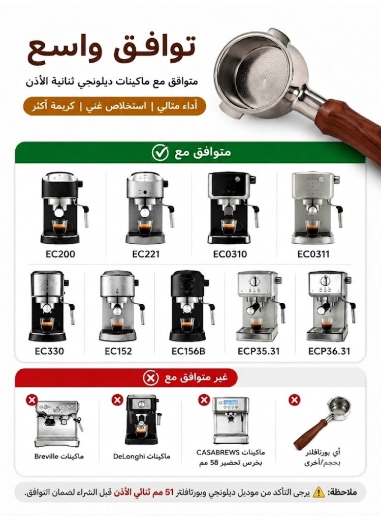 هيكما بلس مقبض قهوة إسبريسو بدون قاع 51 مم متوافق مع ديلونجي EC200 EC221 ECP35.31 بمقبض خشب روزوود وفلتر احترافي لعشاق القهوة - Image 2