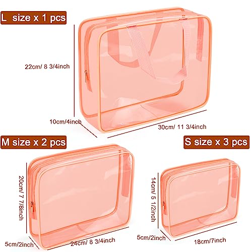 APREUTY Clear Makeup Bags, TSA Approved 6 Pcs Cosmetic Makeup Bags Set Clear PVC with Zipper Handle Portable Travel Luggage Pouch Airport Airline Vacation Organization (Peach) - Image 2