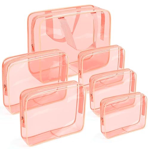 APREUTY Clear Makeup Bags, TSA Approved 6 Pcs Cosmetic Makeup Bags Set Clear PVC with Zipper Handle Portable Travel Luggage Pouch Airport Airline Vacation Organization (Peach) - Image 1
