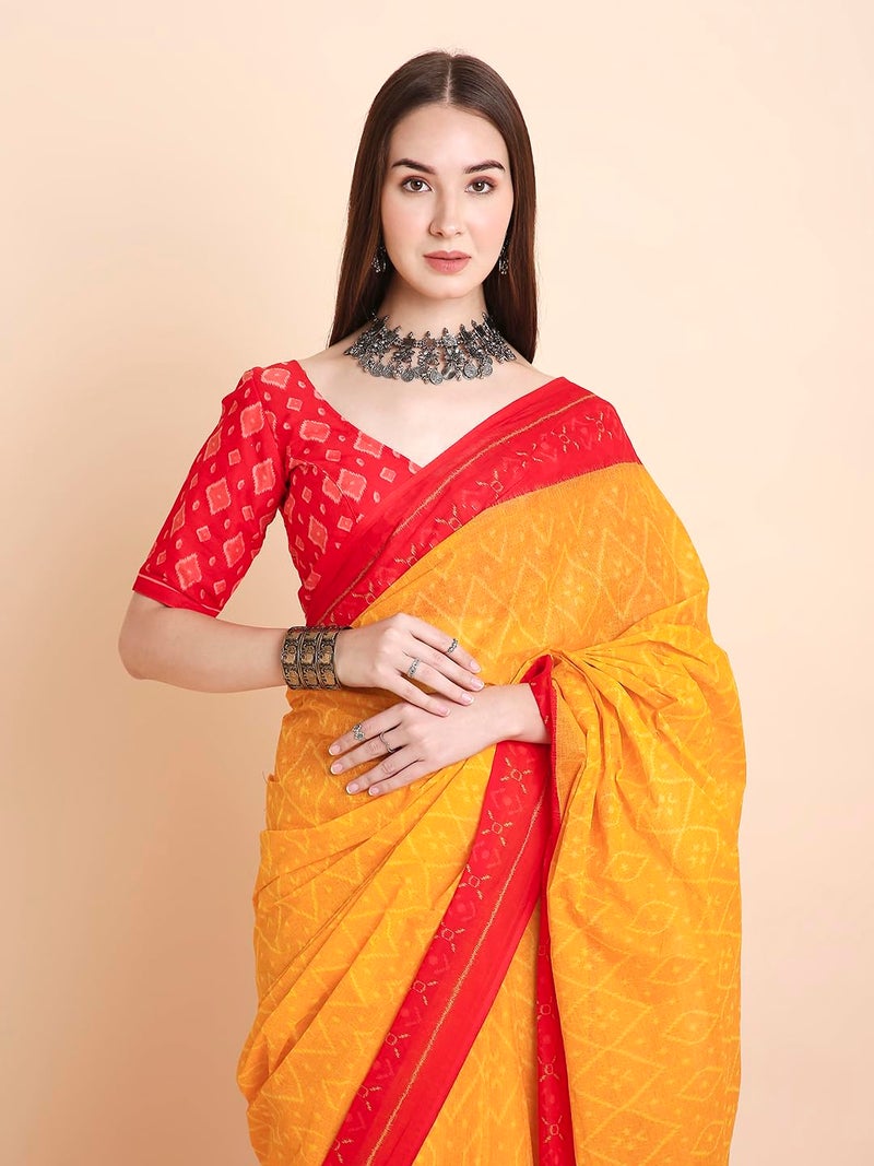 RATAN Pure Cotton Printed Mulmul Saree for Women with Blouse Piece (TANB-BP-21931_Yellow) - Image 4
