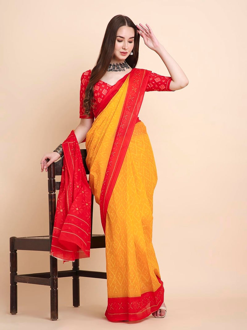 RATAN Pure Cotton Printed Mulmul Saree for Women with Blouse Piece (TANB-BP-21931_Yellow) - Image 3