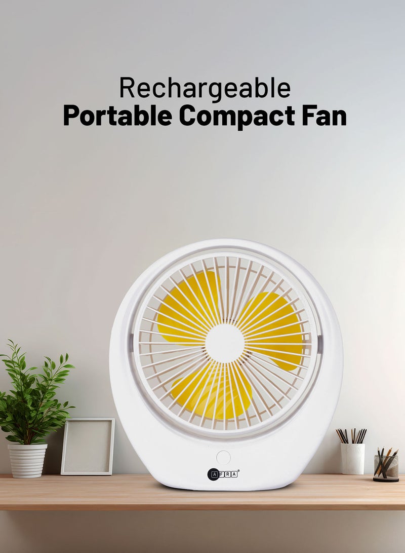 عفرا مروحة محمولة مدمجة AFRA، 3.7 فولت، 6 بوصات، 1800 مللي أمبير، مع مقبض حمل، قابلة لإعادة الشحن، قابلة للتعديل، تغطية بزاوية واسعة، ضوضاء منخفضة، توفير الطاقة، حماية من الشحن الزائد، مع ضمان لمدة سنتين - Image 1