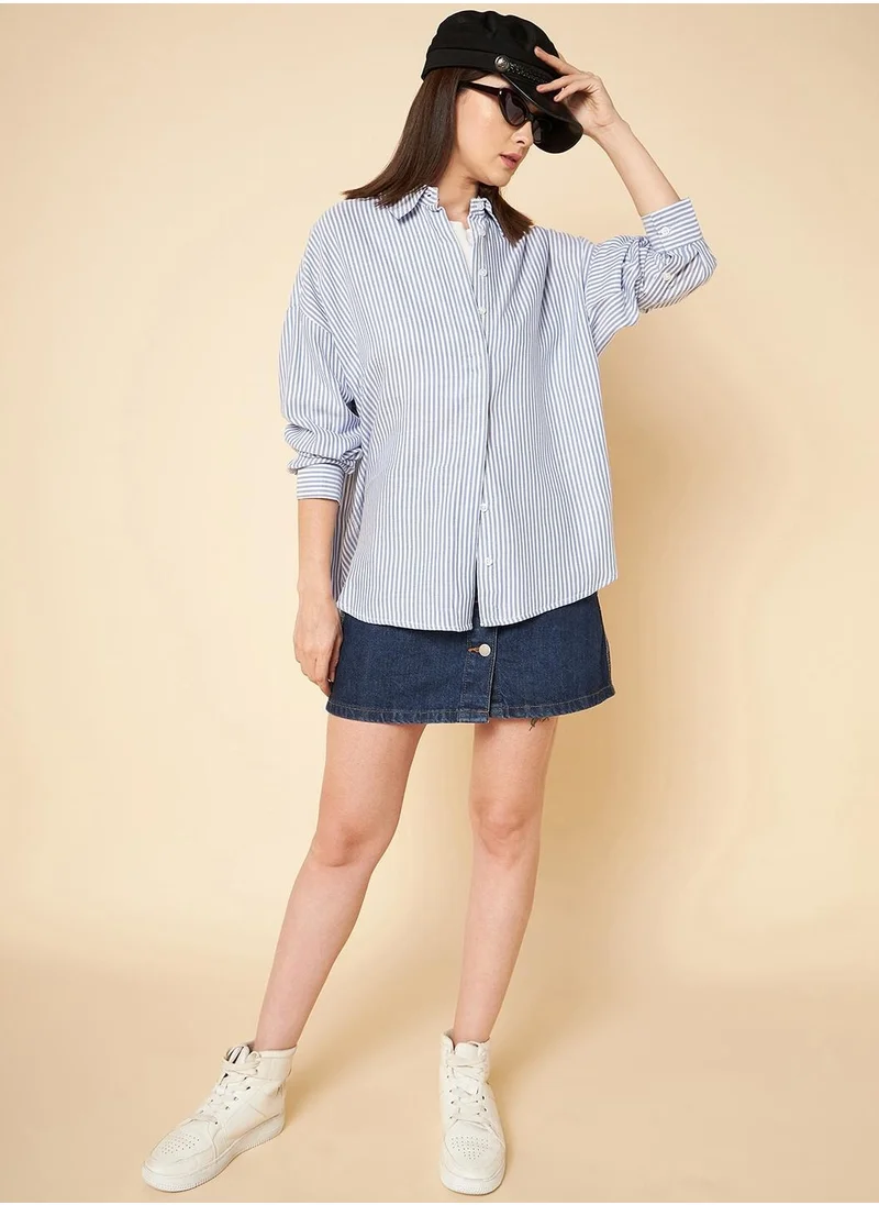 هاي ستار Oversized Striped Casual Shirt for Women