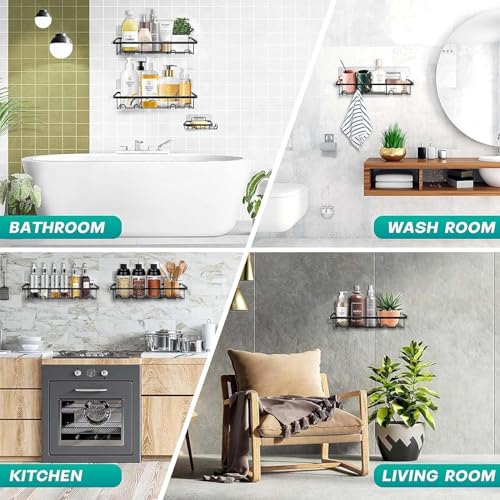 TEKCOOL Stainless Steel Bathroom Shelf for Wall | Self Adhesive Bathroom Organiser | 4 Hooks for Towel Holder | Space-Saving Wall Mounted Bathroom Shelf with Elegant Design (Silver, Pack of 1) - Image 4