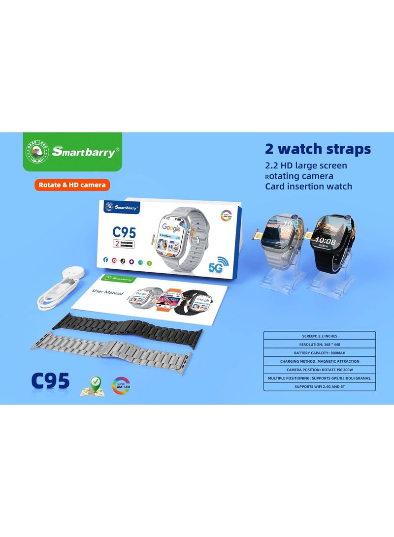 Smartbarry C95 Android Smartwatch with 5G, SIM Slot, Rotating HD Camera, 2.2-inch Display, Dual Straps - Image 3